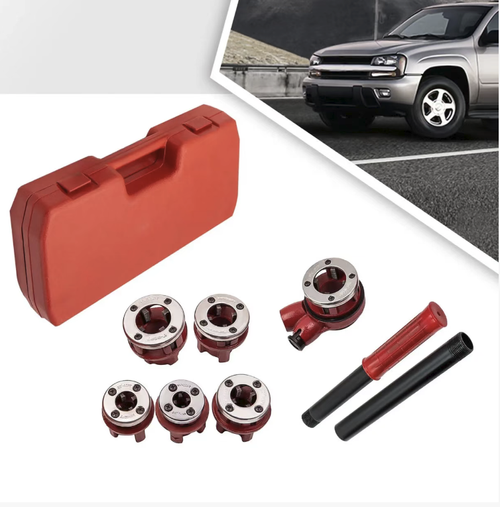 This 62 model light-duty 6-head pipe threading machine is equipped with 6 sets of multi-sized die sets that are compatible with full-size pipes. It is lightweight, portable and easy to operate, with alloy steel cutting edges that are sharp and durable. The threading is precise and the sealing is good. The complete set of accessories comes with a storage box. It is a professional tapping tool for water heating installation and pipe maintenance.