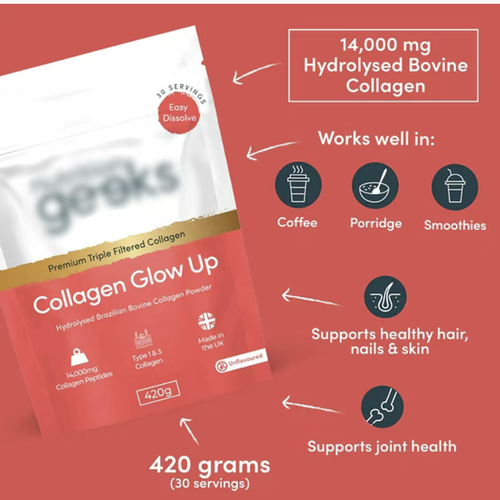 Collagen Glow Up Hydrolyzed Cow Collagen Powder contains 14,000mg of highly active collagen peptides per bag. It is purified through triple filtration and has a fine powder texture that is easy to dissolve and has no odor. Daily supplementation can deeply nourish the skin, strengthen hair and nails, and also protect joint health. It enables you to retain your youthful radiance while enjoying delicious foods, and radiate vitality from the inside out.