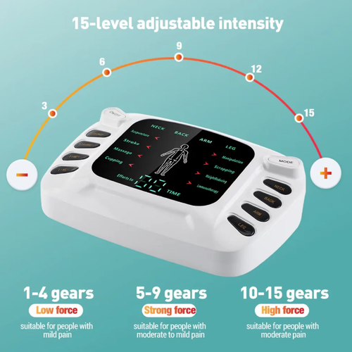 This dual-output medium-frequency home massage device supports simultaneous operation of two channels and features multiple simulation massage modes, which can be applied to the neck, back, arms, and legs. It offers adjustable force settings and a timer function, and can be paired with electrode patches. It is suitable for relieving muscle fatigue at home and is for daily relaxation only,  it cannot replace medical equipment.
