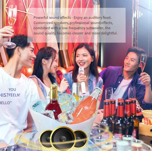 The wine glass-style Bluetooth speaker ice bucket integrates an ice bucket, a speaker, and an ambient light. It is made of food-grade material to keep ice cold. It features 3D stereo sound with red, blue, or colorful light switching. It is suitable for camping, gatherings, and house parties. It is small, portable, and has sufficient battery life. This single device brings full joyous atmosphere and is a must-have for party central.