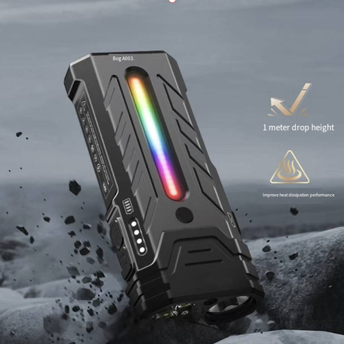High-brightness dual-light source strong flashlight, with push-pull focusing function, can freely switch between long-range floodlight and distant beam. Aluminum alloy body is shock-resistant and water-resistant. The side's colorful lights have a distressing function. Multiple lighting modes can be adjusted. Type-C fast charging provides long battery life. It is suitable for outdoor travel and vehicle emergency preparedness.