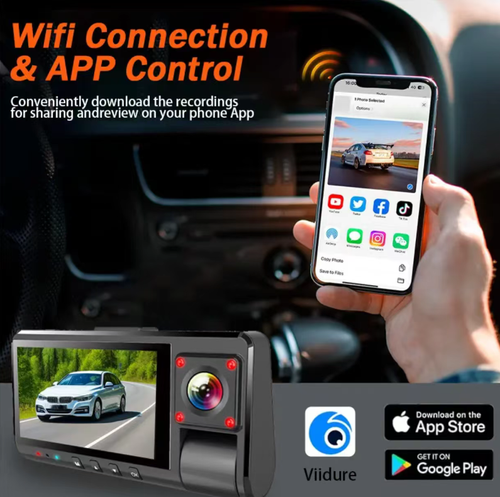 This three-channel dashcam supports simultaneous recording with front, interior and rear cameras. With 1080P high-definition video quality, an F1.8 large aperture and infrared night vision, it ensures clear images both day and night. It comes with built-in WiFi connectivity, allowing you to view and download recordings in real time via the APP. It also intelligently locks emergency videos. This is a reliable choice for comprehensive protection of driving safety.