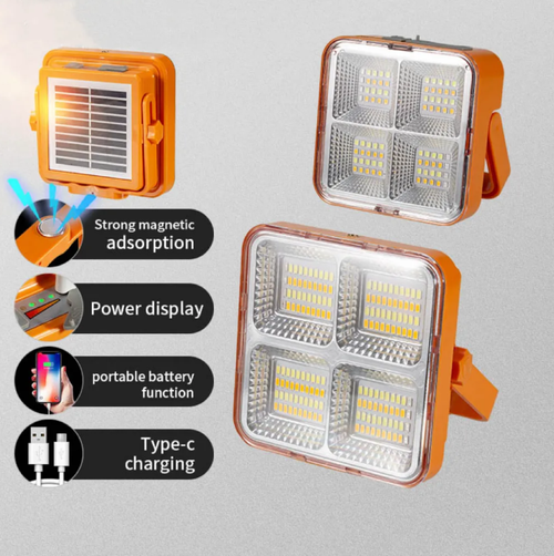 The magnetic solar portable lamp is extremely practical! It can last for 8-12 hours with 3 hours of charging. It has three adjustable brightness levels and can be used as a camping lamp, a stall lamp, or an emergency light. It is waterproof and shock-resistant. It comes with a folding stand and a hook, and is small enough to carry in your palm. It can be used in rental houses, during renovations, or in the outdoors. You'll always have light in dark places!