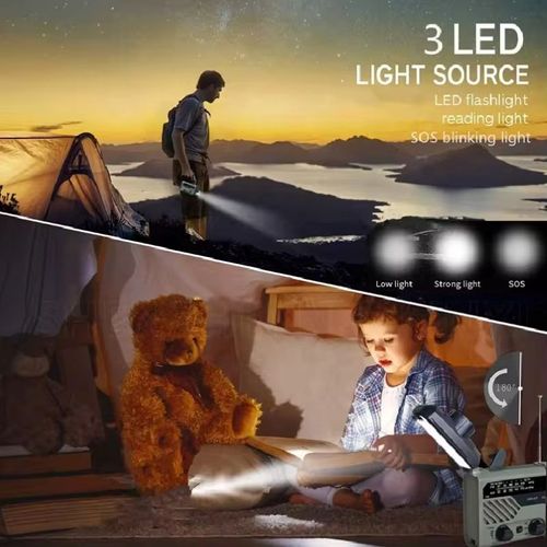 Multifunctional emergency disaster survival radio - hand-crank power generation - solar energy - USB 3AAA battery - 4 charging modes - strong light flashlight - adjustable reading lamp - SOS alarm call  AM FM WB multi-band radio - outdoor camping - home power outage - earthquake disaster emergency must-have - portable and durable, capable of emergency charging for mobile phones, a portable safety guarantee device for emergencies.