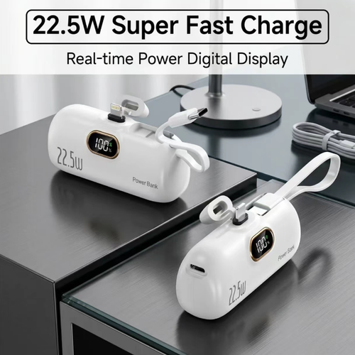This capsule mini power bank has a capacity of 5000 milliampere and supports 22.5W fast charging. It has an integrated direct plug interface without the need for a data cable. It is equipped with an LED digital display screen for real-time battery level monitoring. It comes with a hanging strap for easy carrying and has multiple safety protections built-in, making it suitable for emergency power supply for mobile phones when going out.