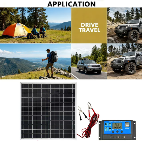 This 12W12V monocrystalline solar power generation kit comes with an aluminum frame solar panel and a digital controller, along with a crocodile clip connection cable. It features multiple circuit protections and supports off-grid power supply. It is suitable for charging power banks of campers and ships, and comes with a USB interface, making it convenient for powering small electronic devices outdoors.