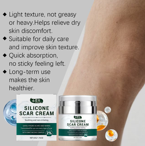 This silicone Scab ointment is gentle in its healing properties: The 2% silicone formula is non-irritating and suitable for both new and old scars. It has a refreshing texture that is easily absorbed. Consistent use can fade scars, soften hyperpigmentation, and help you regain smooth skin.