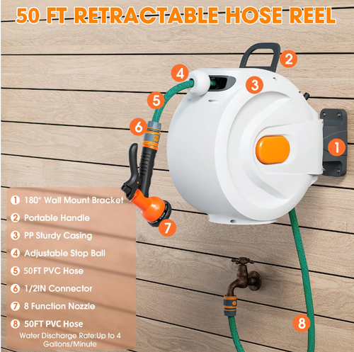Automatic water pump that automatically extends and retracts, eliminating the mess of tangled pipes. Suitable for various scenarios such as car washing, garden watering, and floor cleaning. Comes with 8 water gun modes and 50 feet of hose, with 180° rotation installation and sturdy durability. It ensures efficient and clean cleaning, making it a great helper for multiple cleaning scenarios.