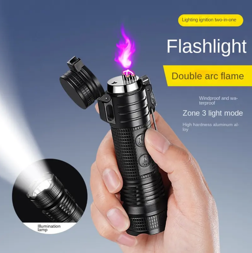 Flashlight with electric arc, combining windproof electric arc ignition and strong light flashlight. USB-C charging, safety locking design, windproof and durable. Suitable for outdoor camping fire-making, night navigation or vehicle emergency use. It is an all-round emergency equipment for both outdoor and daily use.