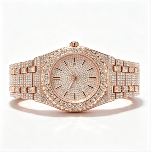 This trendy quartz watch features an octagonal dial adorned with full diamonds, presenting a magnificent and eye-catching appearance. It is equipped with a metal band that can be adjusted in length, and the dial has a date window. The quartz movement ensures stable timekeeping. It is suitable for daily or social occasions. When wearing it, be careful to avoid bumps and water exposure. It is a wristwatch that combines both appearance quality and practicality.