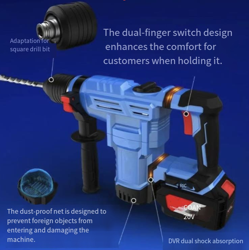 20V lithium battery charging hammer, integrating the functions of hammer, pick and drill. The lithium battery is wireless and Not restricted by cables, providing strong power suitable for concrete drilling and demolition. It comes with an auxiliary handle and storage box, making it convenient to carry for outdoor construction. It is an efficient demolition tool for home decoration projects.High-performance all-in-one tool for outdoor work