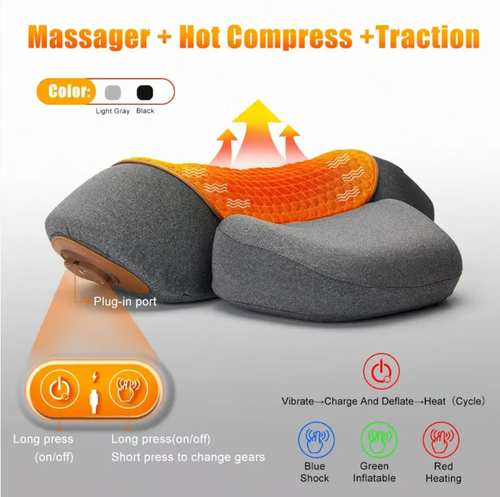 The three-in-one cervical massage pillow features a built-in massage device that mimics kneading and patting techniques to relax the muscles. It also has a constant temperature heat therapy function to enhance circulation. The scientific traction design helps correct posture. With multiple modes of selection and a one-click operation, it is simple and convenient, providing comprehensive care for your cervical spine.