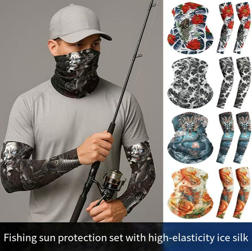 National trend tattoo style sun protection set. Made of ice silk fabric, it offers cool and breathable comfort. With UPF 50+ protection, it effectively blocks ultraviolet rays. The ice sleeves and face mask provide dual protection. It has high elasticity and fits snugly without being tight. The printed design is eye-catching and stylish. It is suitable for various outdoor activities such as fishing and cycling, and is a practical choice for outdoor travel.