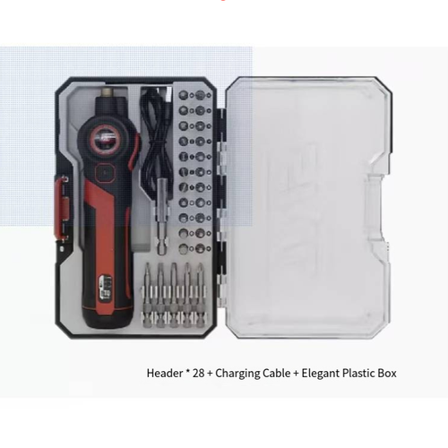 Rechargeable handheld electric screwdriver set, equipped with 28 multi-functional bits and extension rods, with one-button switch for forward and reverse rotation. Built-in lithium battery for USB charging. Compact and lightweight, suitable for one-handed use. Comes with a compartmentalized tool storage box. Ideal for home furniture, electronics and appliance repairs. Saves time and effort for installation.