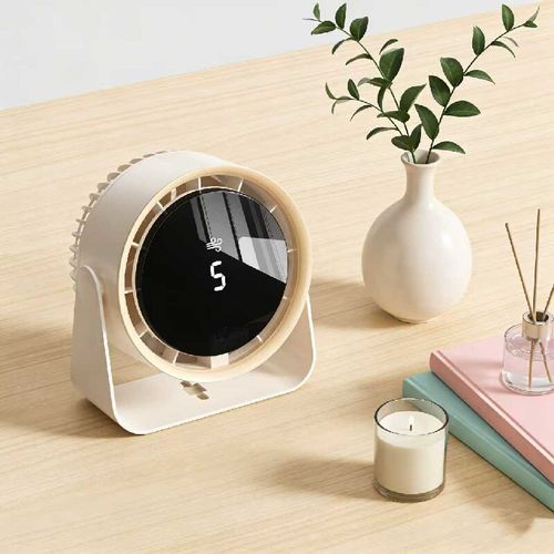 Multifunctional ambient cooling fan: Ivory white luxurious appearance, intelligent digital display panel, turbo vortex wind for cooling  360° all-round circulation, desk-mounted and wall-mounted dual use, no installation required, bionic seven-leaf silent air delivery  10-meter ultra-long cooling range, it is not only a cooling device but also a desktop home atmosphere decoration piece