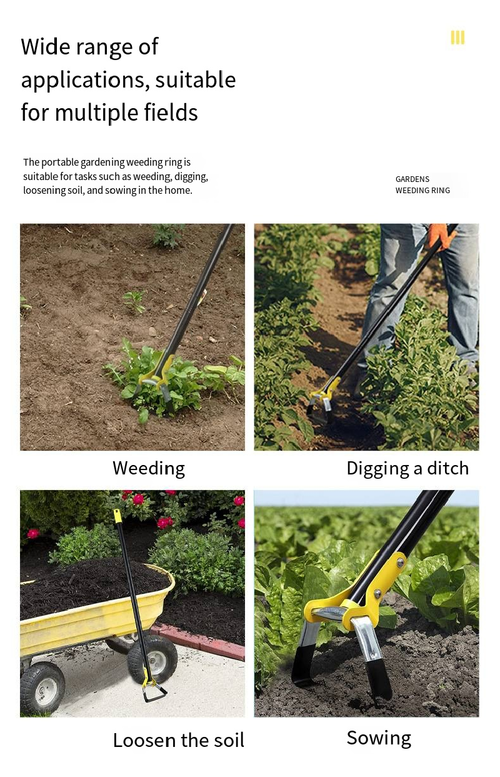 This push-pull weeding tool doesn't require bending over when operating. Just align the clamp with the weeds and push and pull them, pulling out stubborn weeds completely. The sharp blade cuts through the grass stems. It can be assembled with an extended handle and a non-slip handle, making it lightweight and easy to use. It's suitable for both elderly and women users. Say goodbye to the strain on your back when weeding, and enjoy effortless gardening.