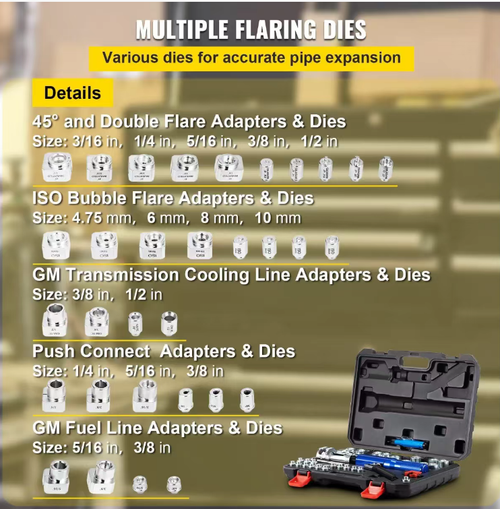 Hydraulic-driven brake flaring tool kit, effortlessly achieving precise standard flaring shapes. Multiple-sized molds are compatible with mainstream pipe dimensions. Complete set of accessories covers the entire process of cutting - flaring. Hard storage box is portable and durable, making it easy to use. It is a cost-effective specialized tool for the automotive repair industry and DIY maintenance.