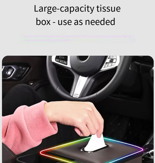 Multi-functional car armrest storage box, with multi-layer large capacity to store tissues and scattered small items. Side has a cup holder. Comes with RGB multi-mode ambient light. Dual Type-C + USB interfaces with 5A fast charging. Leather texture matches the interior. Easy to install and anti-slip for storage. Helps organize the center console and upgrades the driving experience. With practical functions and exquisite details, each journey becomes more comfortable and convenient.