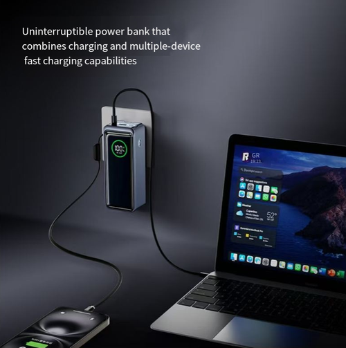 This 65W two-in-one fast-charging portable battery, with its built-in charger, high-power fast charging and portable design, solves all the problems of charging during travel. It is both a wall charger and a portable power bank, allowing you to say goodbye to the anxiety of cables and sockets, and charging your devices anytime and anywhere. Let you say goodbye to the worries of cables and sockets, and recharge your devices anytime and anywhere.