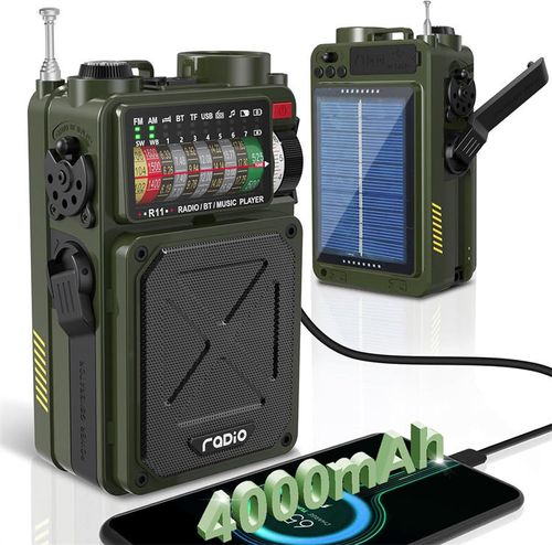 German Battle-ready Radio,An All-round Outdoor Emergency GadgetIt integrates NOAA multi-band radio, Bluetooth speaker, three charging methods of solar + hand crank + USB (4000mAh power bank), SOS alarm, strong flashlight, and high-precision compass. It is a survival hub for outdoor adventures and family emergencies, providing full protection for your communication, power supply, lighting, and navigation in extreme scenarios.