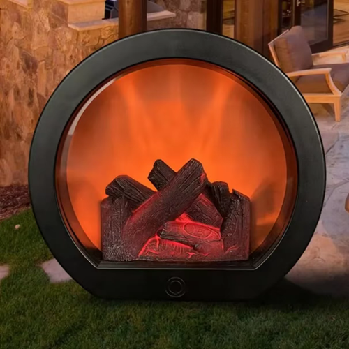 This LED imitation charcoal flame lamp features a semi-circular shape with a transparent window and is equipped with simulated charcoal inside. The LED light simulates the glow of charcoal fire, without any open flame or smoke. It is only used for creating an atmosphere and does not have a heating function. When placed on the table, it is suitable for creating a cozy atmosphere in homes or guesthouses. When using it, keep it away from flammable items.