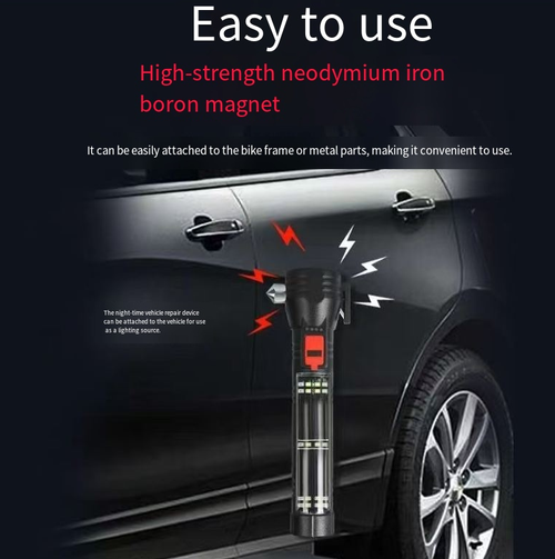 High-hardness tungsten steel window breaker, shatters car windows with a single strike. Hidden seat belt cutting knife, quickly frees you from danger. Five-level light adjustment: main light emits strong far-reaching light and flashes for emergency calls, side lights provide diffuse illumination. The rear part is equipped with a compass, USB fast charging. Compact and portable, it is not only a lighting tool but also a life-saving device for travel.