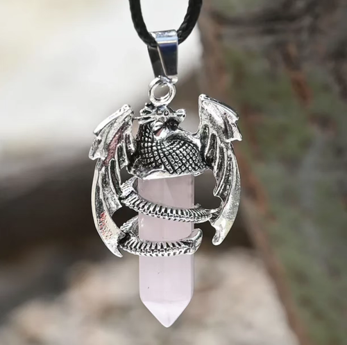 Retro Silver Wing Dragon Wrapped Crystal Pendant: Amethyst is elegant, tiger eye is wild and fierce, and pink crystal is soft and transparent. The texture is delicate and has a medieval filter effect. It is a rare and unique piece that won't clash with other styles. It is a story-telling accessory for the neck. If you place the order today, we will send you a total of 3 types of products: purple quartz, tiger's eye stone, and pink quartz vintage twisted winged dragon-shaped pendant.