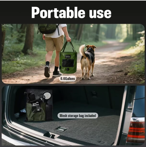 Portable outdoor shower unit: 6.6-gallon folding bucket + 1500W rapid heating + intelligent pump, precise temperature control. 6000mAh long-lasting battery life, IPX7 waterproof and anti-slip, four shower modes, hose suction cup holder for flexible installation. Foldable for easy storage, suitable for all outdoor activities including camping and driving. Easily bring a comfortable bathroom to the outdoors.