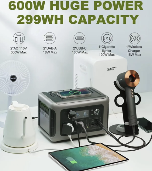 This 600W high-power energy storage power supply can provide 600W of inverter output to power large appliances. It offers multi-interface all-round power supply and intelligent digital display for real-time power level monitoring. With a large capacity and long battery life, it supports UPS uninterrupted power supply. It has multiple charging modes and is portable and durable. It is an all-round mobile power station suitable for outdoor camping, vehicle use, and home emergency situations.
