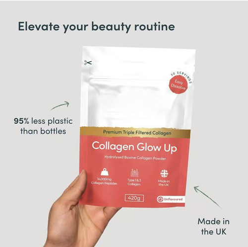 Collagen Glow Up Hydrolyzed Cow Collagen Powder contains 14,000mg of highly active collagen peptides per bag. It is purified through triple filtration and has a fine powder texture that is easy to dissolve and has no odor. Daily supplementation can deeply nourish the skin, strengthen hair and nails, and also protect joint health. It enables you to retain your youthful radiance while enjoying delicious foods, and radiate vitality from the inside out.