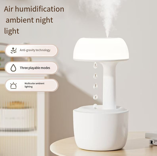 This anti-gravity humidifier uses cutting-edge technology to make raindrops flow in reverse. The ultrasonic fine mist moistens the air without wetting the tabletop. It comes with a warm light night light + water droplet white noise for sleep assistance. It can be customized with a DIY theme. The minimalist design fits well on desks or bedside tables. It serves as both a humidifier and a soothing desktop art piece.