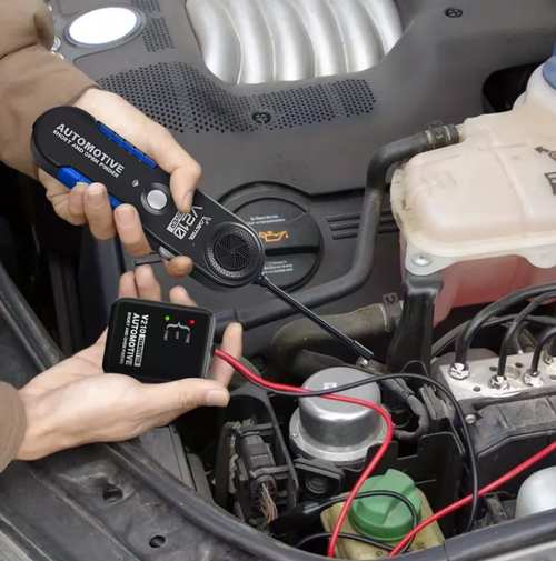 The vehicle circuit line detection instrument consists of a transmitter and a receiver. It can non-destructively detect short circuits and open circuits in the vehicle's low-voltage circuits. It locates the fault point by tracking the signal, has dual working modes, and provides strong or weak sound feedback signals. The operation is simple and it is suitable for vehicle repair and maintenance. Remember to turn off the power before using it.