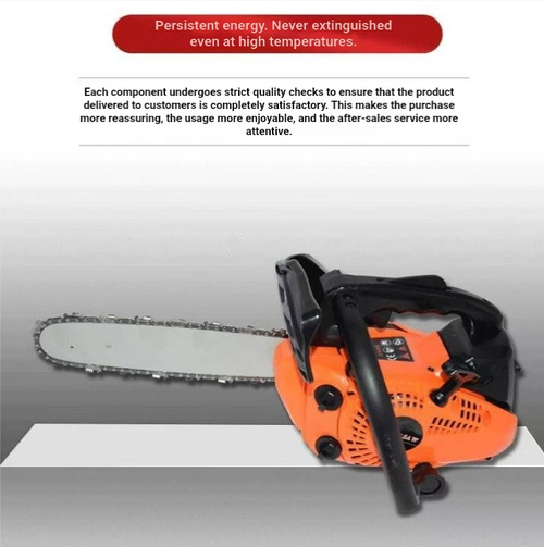 25CC two-stroke gasoline small chain saw, equipped with 12-inch guide bar, automatic chain lubrication, lightweight and portable body. Anti-slip dual handles with safety guard plate, stable power, suitable for yard pruning, small path logs, and firewood cutting. Suitable for ordinary household users, garden maintenance personnel to handle small-sized wood cutting and branch trimming work. Suitable for home garden maintenance.