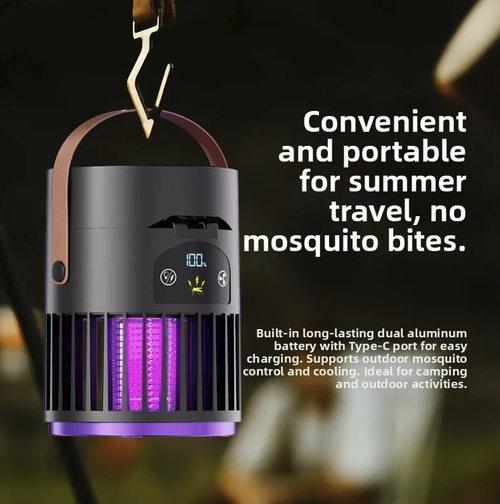 The three-in-one portable camping fan combines the functions of blowing air, emitting ultraviolet light for physical mosquito trapping, and providing ambient lighting. It is non-toxic and odorless. The fan angle can be adjusted. It has long-lasting battery life via USB charging and comes with a portable handle. The protective grille design is safer. It can be used for camping, home use, fishing, and cooling off to prevent mosquitoes.