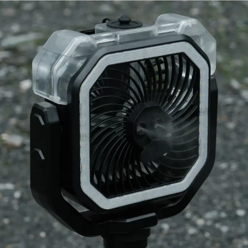 An outdoor multi-functional camping charging fan with a telescopic tripod stand that can be hung or placed horizontally. It can adjust the wind direction in 360°. It comes with a circular camping lamp, wireless remote control for timing, a large-capacity battery for long-lasting power, and supports reverse charging for USB phones. It is an indispensable multi-functional portable fan for outdoor activities in summer.