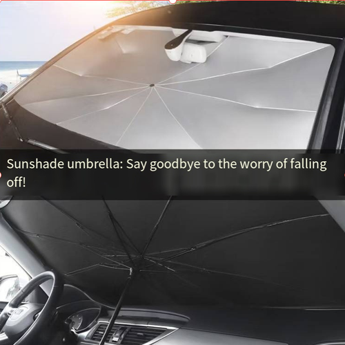 Large car front sunshade, size 125×65cm. Thick silver adhesive with strong reflective and heat-insulating properties, blocking ultraviolet rays and protecting the interior. The umbrella-style can be opened and folded with one button. No need for suction cups. It is small and compact, taking up little space. Suitable for small cars. Ideal for cooling and shading when parked outdoors, and also practical for blocking sunlight during the day in the car for a rest.