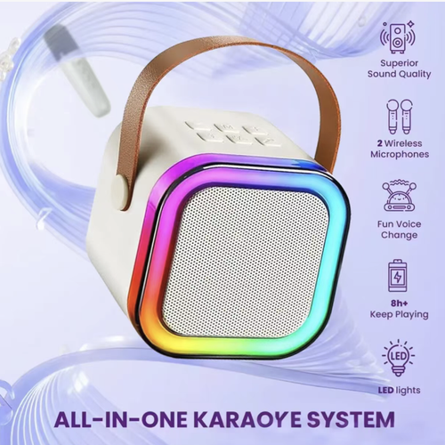 The integrated Bluetooth karaoke speaker, equipped with two wireless microphones, supports duet singing. It features noise reduction and directional microphone pickup, ensuring clear and distinct human voices. The stereo speaker units produce rich and full sound. The RGB color lights change the atmosphere in sync with the music. You can start karaoke anytime and anywhere, whether at home, while camping, or at a party.