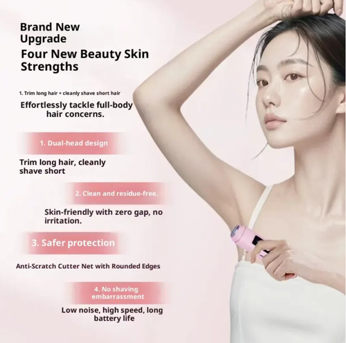 LCD model women's double-head hair removal device: Two heads can separately cut long and short hair. The 0.05mm blade net adheres to the skin without pain. It is IPX6 waterproof and can be used for showering. It has LCD display of battery level. It is palm-sized and portable. It can be used 15 times after being charged once. It can take care of the lip area, armpit and private parts. It is friendly to sensitive skin and can easily make body hair disappear.