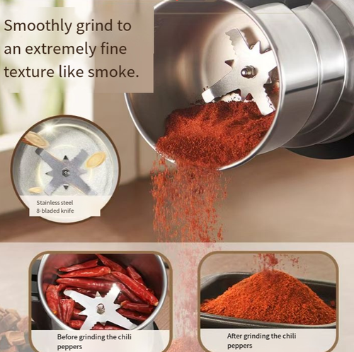 This stainless steel grinder solves the trouble of kitchen grinding materials. The 8-blade patented cutter head can finely grind the ingredients to the consistency of smoke, suitable for various types such as herbs, grains, and seasonings. The pure copper motor is durable, and the stainless steel inner container does not transfer odors and is easy to clean. It is small in size and saves space, allowing you to easily grind fine ingredients.