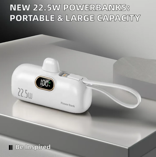 This capsule mini power bank has a capacity of 5000 milliampere and supports 22.5W fast charging. It has an integrated direct plug interface without the need for a data cable. It is equipped with an LED digital display screen for real-time battery level monitoring. It comes with a hanging strap for easy carrying and has multiple safety protections built-in, making it suitable for emergency power supply for mobile phones when going out.