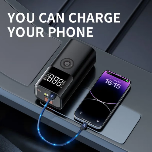 This all-in-one vehicle emergency device integrates functions such as powering up (starting a 12V vehicle), inflating (with 150 PSI and tire pressure monitoring), lighting, tire pressure monitoring, and a 10000mAh power bank. It features military-grade safety design, portability and ease of operation. It is an essential travel companion for car owners to deal with emergencies such as low battery, flat tire and power failure.