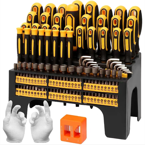 131 sets of industrial-grade magnetic screwdrivers, covering all specifications of bits for all screw operations. Strong magnetic attraction without slipping. Made of chrome-vanadium steel, it is durable and sturdy. The anti-slip handle is comfortable and effortless to use. The desktop storage rack keeps everything neatly organized. It is an all-purpose maintenance tool set for household use, auto repair, and digital disassembly.