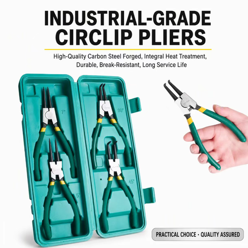 Four-in-one set of locking pliers, containing four types of locking pliers: inner straight, inner curved, outer straight, and outer curved. The alloy steel plier heads are sturdy and durable, with rubber-coated non-slip handles that provide a firm grip and are easy to return to their original position, making them suitable for disassembling and assembling shafts and holes. Comes with a hard plastic storage box for convenient carrying and storage, with strong practicality.