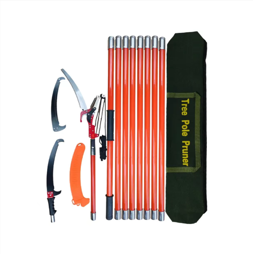 High-altitude pruning saw set, with 8 sections of insulated telescopic rods that can extend up to 8.23 meters. Equipped with Teflon-coated pruning shears and thickened saw blades, the force-saving pulley system makes operation easier. The blade head can be quickly switched. It is safe and efficient for pruning tall branches. It is portable and convenient for storage. It is a professional tool for gardening and orchard pruning.