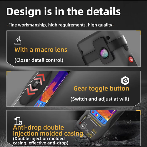Touchscreen infrared thermal imaging multimeter, featuring both thermal imaging temperature measurement and electrical measurement functions. The high-definition color screen displays the temperature difference in the temperature zone in real time, with high measurement accuracy. It can detect circuit overheating and floor heating leakage faults, and has an insulated and safe body that is portable and durable. It is suitable for electricians, industrial inspections, and home decoration repairs.