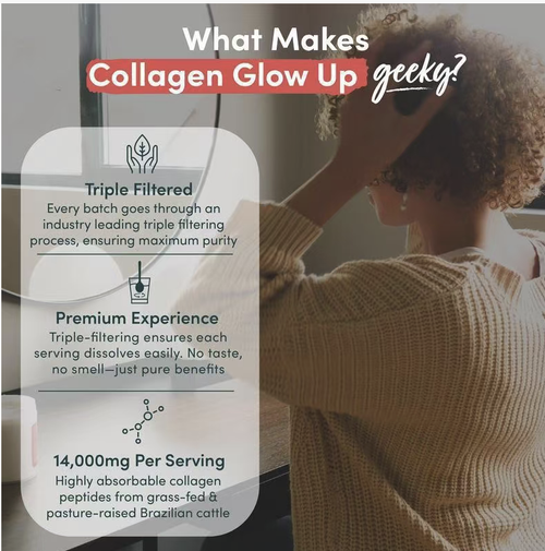 Collagen Glow Up Hydrolyzed Cow Collagen Powder contains 14,000mg of highly active collagen peptides per bag. It is purified through triple filtration and has a fine powder texture that is easy to dissolve and has no odor. Daily supplementation can deeply nourish the skin, strengthen hair and nails, and also protect joint health. It enables you to retain your youthful radiance while enjoying delicious foods, and radiate vitality from the inside out.