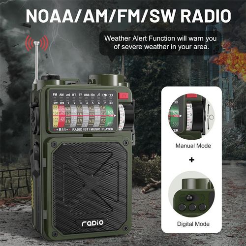 German Battle-ready Radio,An All-round Outdoor Emergency GadgetIt integrates NOAA multi-band radio, Bluetooth speaker, three charging methods of solar + hand crank + USB (4000mAh power bank), SOS alarm, strong flashlight, and high-precision compass. It is a survival hub for outdoor adventures and family emergencies, providing full protection for your communication, power supply, lighting, and navigation in extreme scenarios.