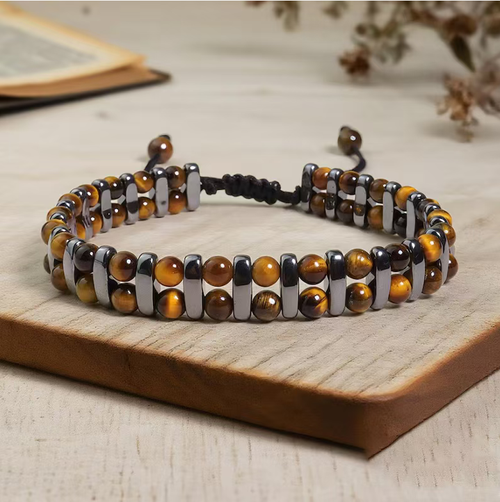 Order today and you'll receive 2 energy bracelets! Tiger-eye stone + Black Oolite stone. Enhances courage and promotes good fortune. Double row weaving is suitable for various wrist sizes. Can be paired with shirts for commuting or worn with T-shirts for going out. Can be layered or worn alone, all looking exquisite. Wearing it yourself brings good luck, and giving it to someone else is extremely stylish, doubling the joy and making it super full!