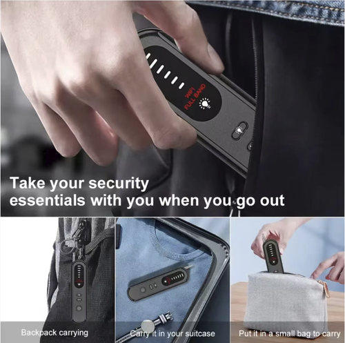 Portable detector, featuring dual modes of wireless signal detection and infrared scanning, can assist in identifying hidden cameras and wireless eavesdropping devices. The telescopic antenna is combined with a signal indicator light, and it comes with a built-in flashlight for illumination. It has multiple sensitivity settings that can be adjusted. Suitable for hotels, guesthouses, and other places as an auxiliary tool for privacy protection.