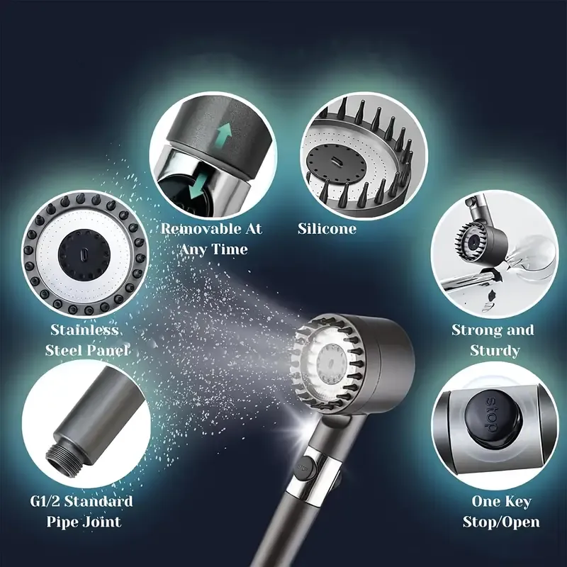 High-pressure filtered shower head with handheld showerhead - 3 spray modes, stainless steel hose and wall mount
